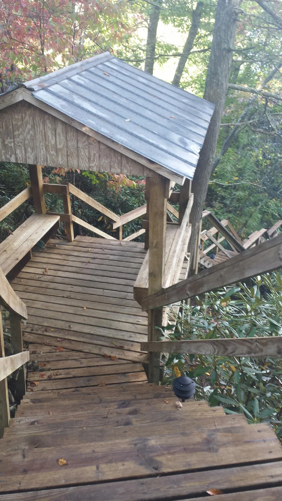 Metal roofed shelter over wooden steps on a wooded walkway — Skylight Repair & Installation work by our crew in Zanesville